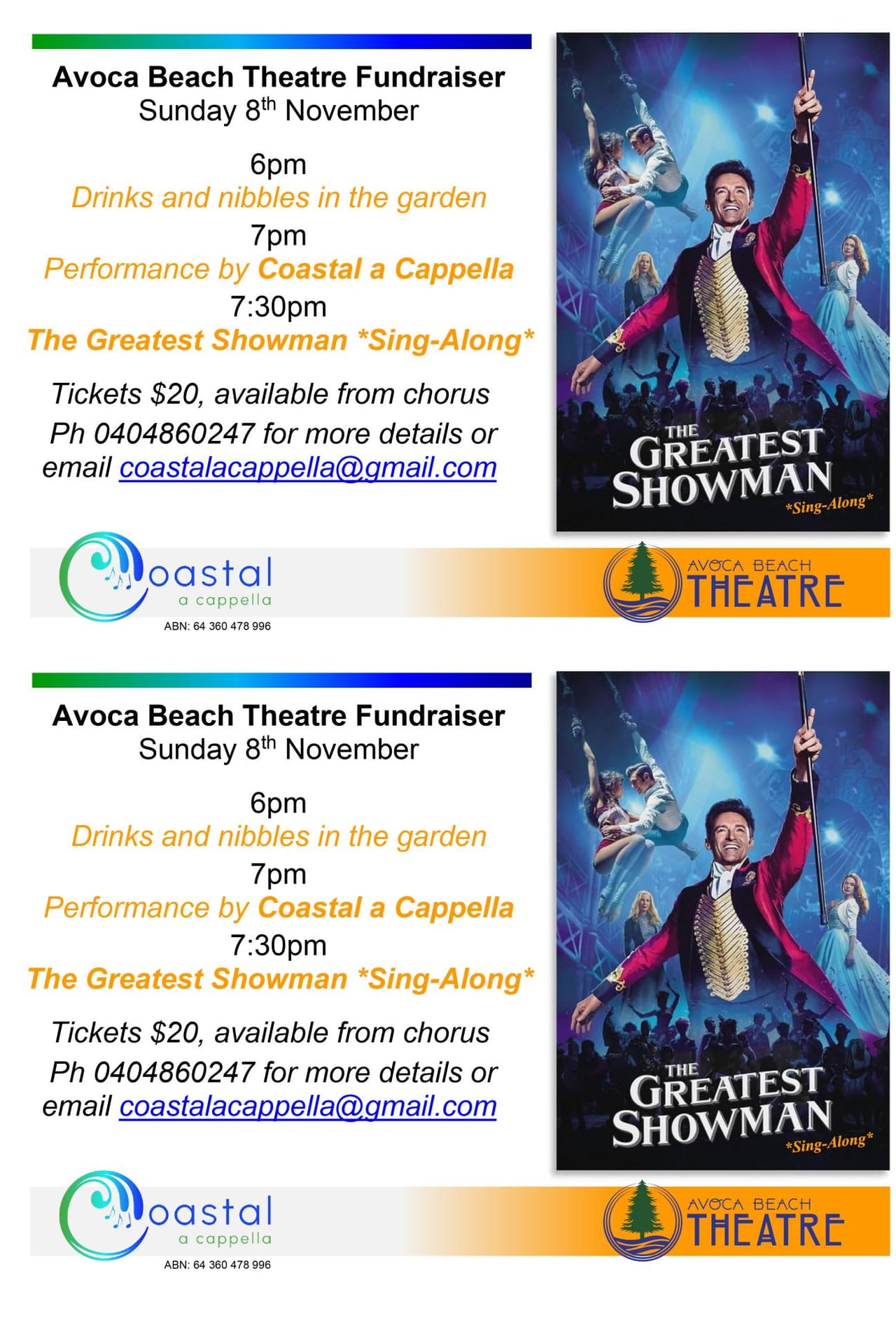 Coastal a Cappella Fundraiser: Greatest Showman Sing-Along